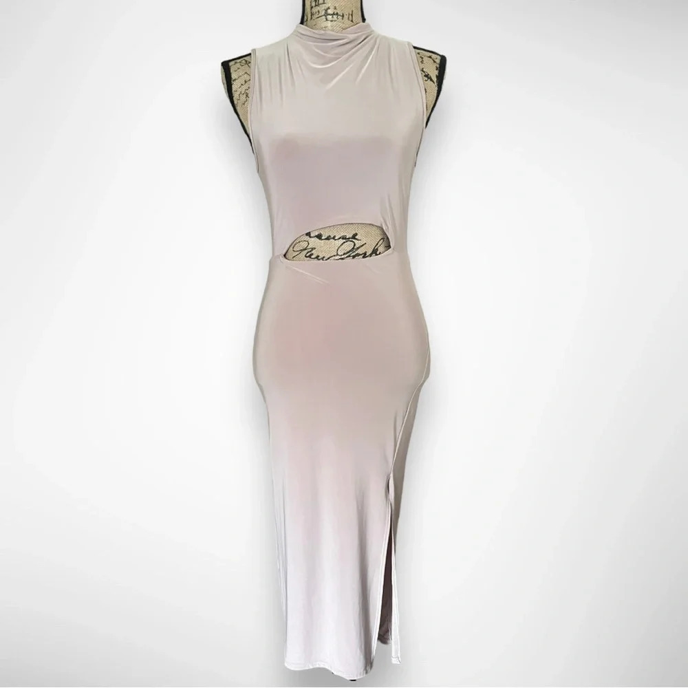 21 SAINTS Women's Taupe Sleeveless Bodycon Dress With Cut Out‎ Medium | EUC